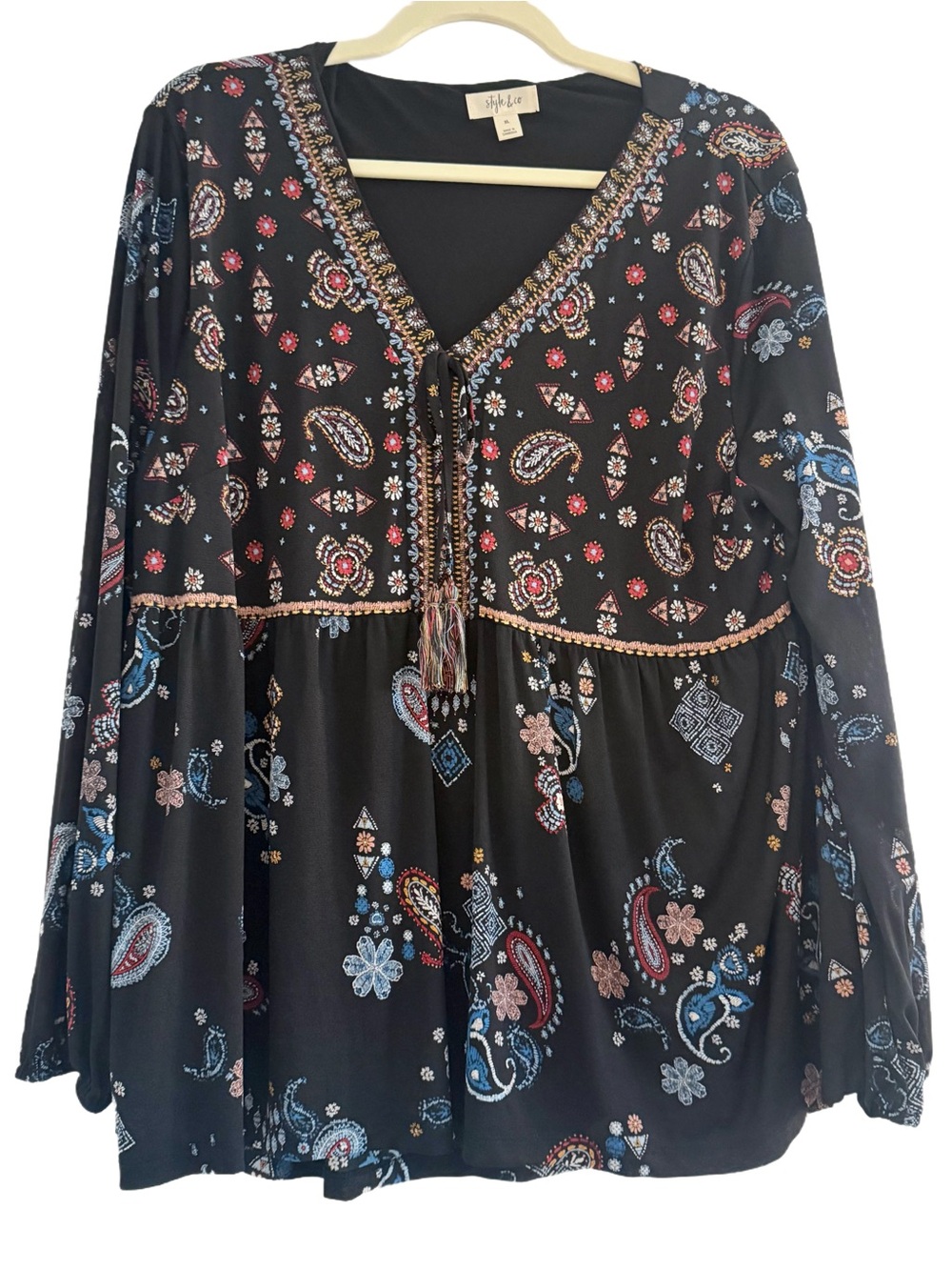 Style & Co. Black Paisley Tie-Front Boho Peasant Tunic XL